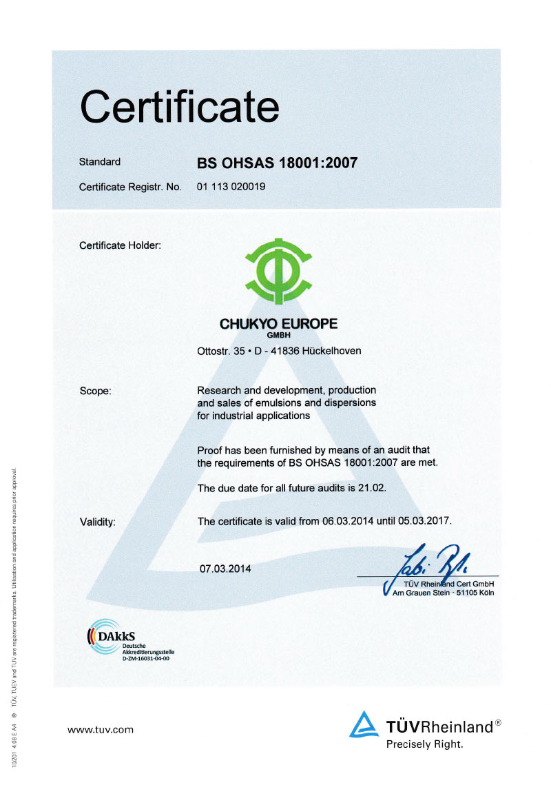 Certificate BS OHSAS 18001:2007 (GB)